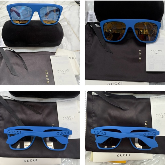 GUCCI MATTE BLUE GREY MIRRORED “GG” MONOGRAM SQUARE SUNGLASSES - Picture 4 of 16